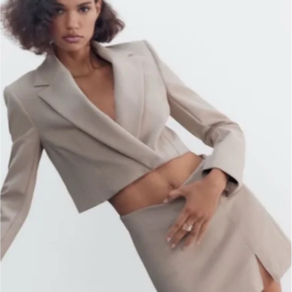 Tailored Cropped Blazer in Light Beige - Women's Jacket